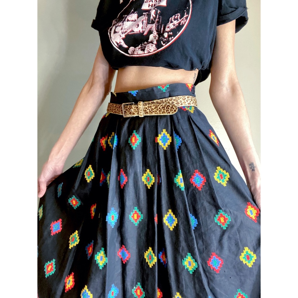 Black Embroidered Midi Skirt with Multicolor Diamond Pattern
